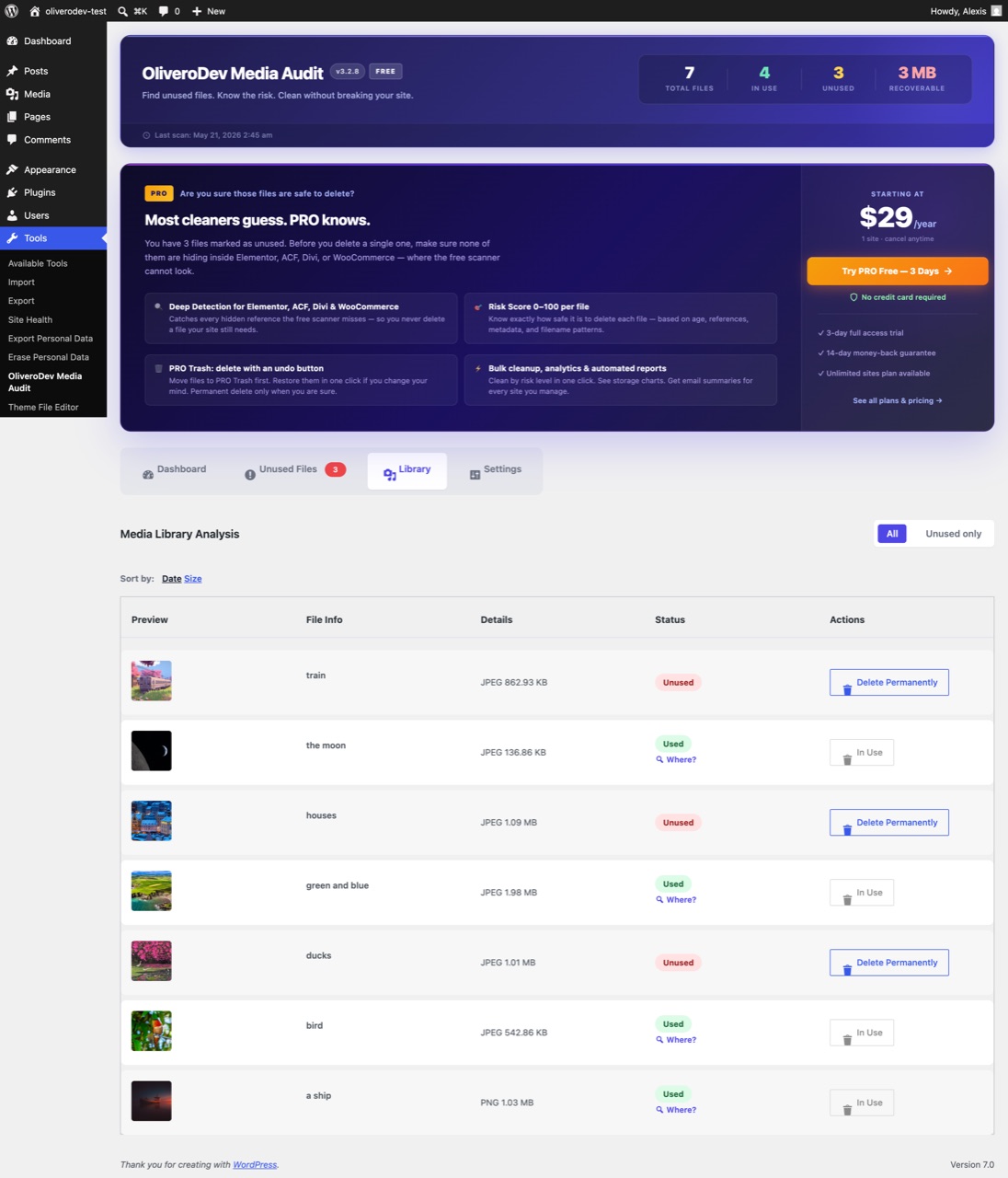 Media Library tab — full library view with used/unused status.